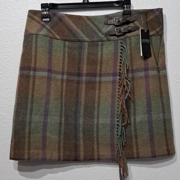 Lauren Ralph Lauren Plaid Fringe Trim Tweed Mini Skirt Size 6-12 - Picture 6 of 9
